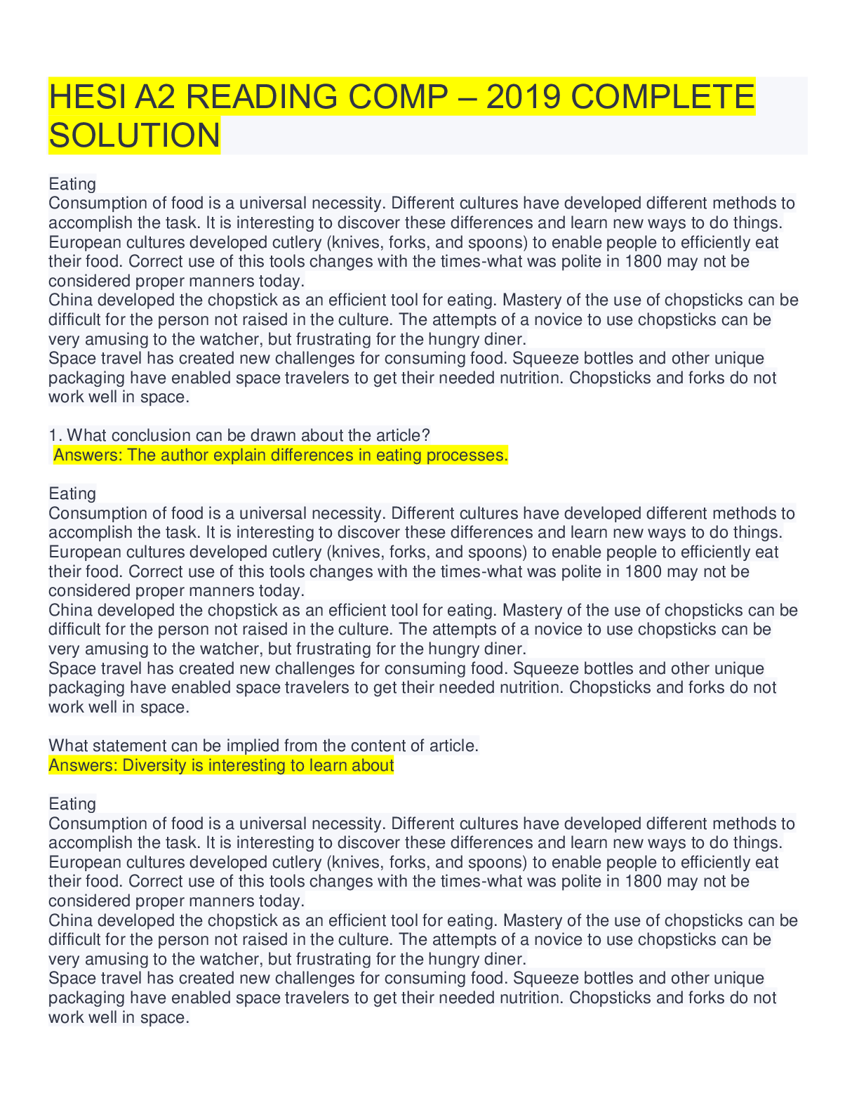 Preview image for HESI A2 READING COMP – 2019 COMPLETE SOLUTION QUESTIONS AND ANSWERS WITH COMPLETE SOLUTION